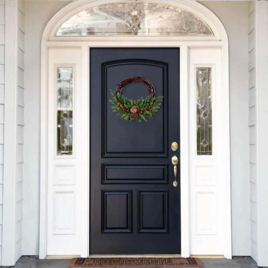 Greenery | National Tree Company Artificial Christmas Wreath Green Grapevine White Lights Decorated with Pine Cones Evergreen Branches Christmas Collection 16 Inches F2L4F264